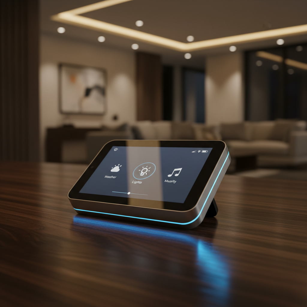 Un panel de control táctil para domótica con iconos de clima, luces y música sobre una mesa de madera en una sala de estar moderna.