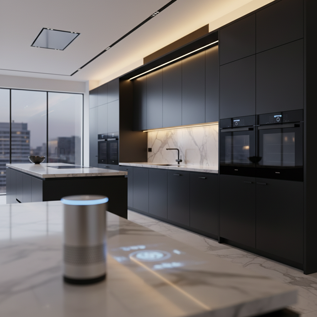 Cocina moderna de lujo con muebles negros mate, encimeras de mármol y un asistente de voz sobre la isla central.