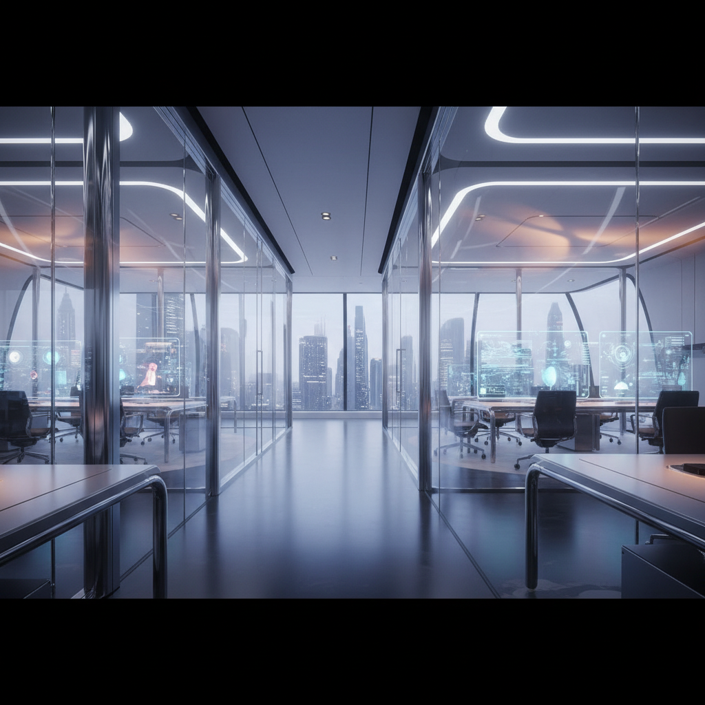 Pasillo de oficinas modernas con paredes de cristal, muebles de diseño y pantallas holográficas con vistas a un horizonte urbano de rascacielos.
