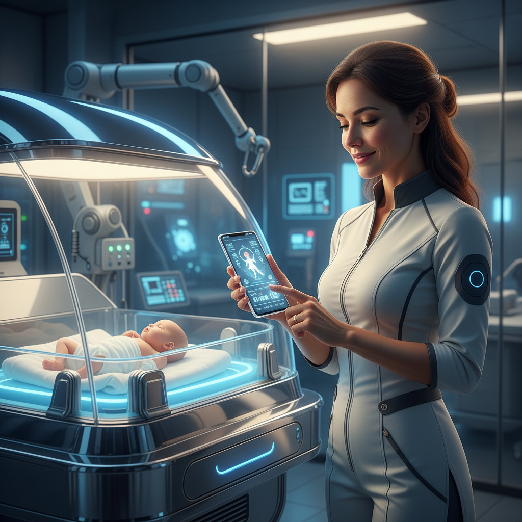 Una doctora con uniforme tecnológico revisa datos de un recién nacido en una incubadora avanzada mediante una tablet.