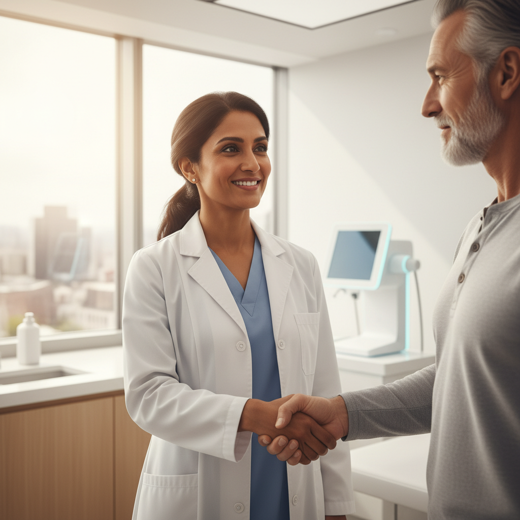 Una doctora con bata blanca saludando cordialmente con un apretón de manos a un paciente de edad avanzada en una consulta médica.