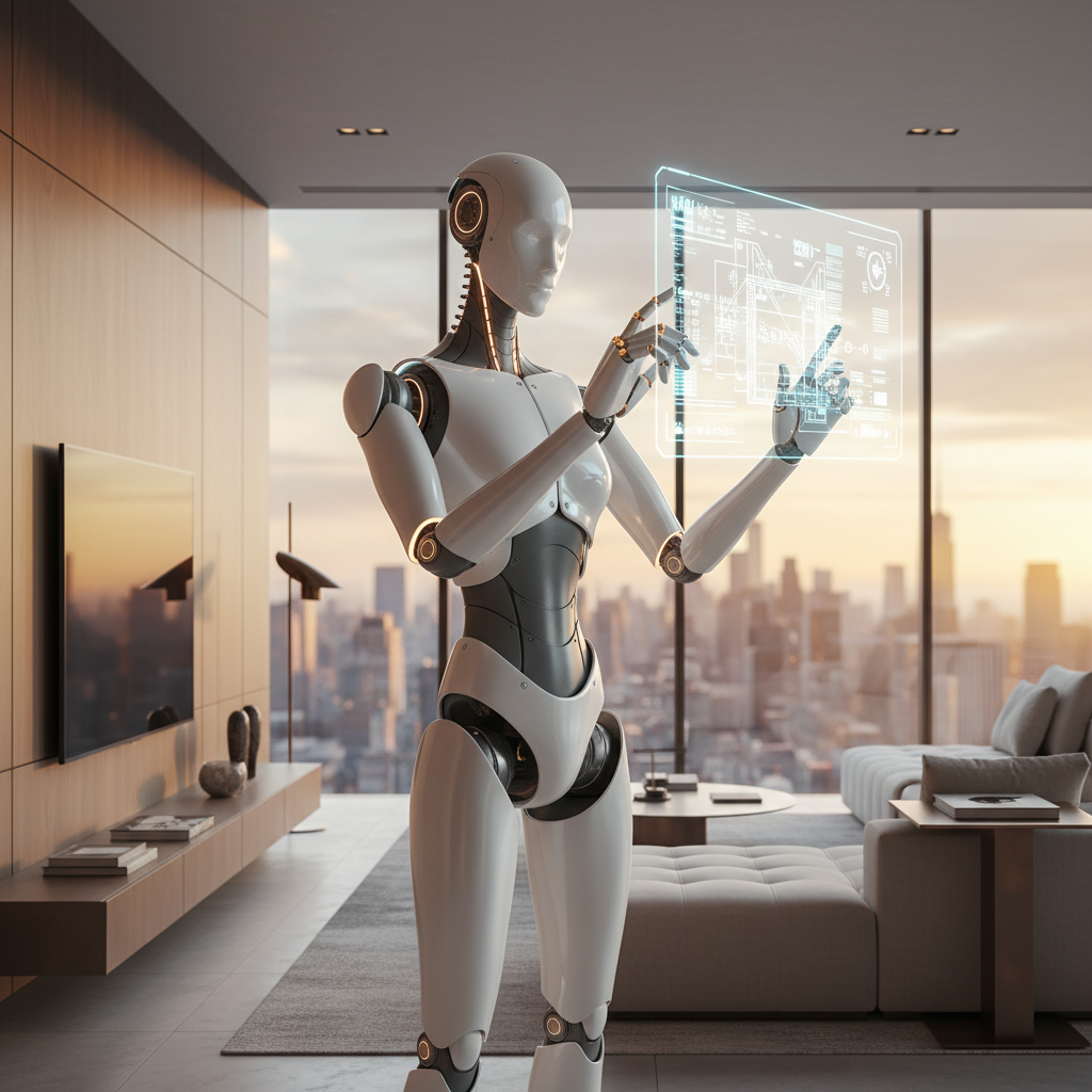 Robot humanoide blanco interactuando con una interfaz holográfica digital en un salón moderno con vistas a la ciudad.