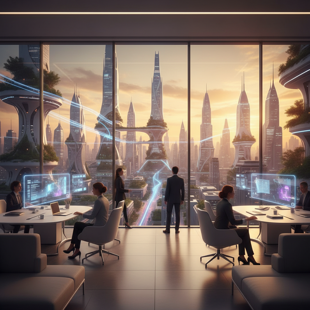 Equipo de trabajo en una oficina moderna observando una ciudad futurista con rascacielos y tecnología holográfica a través de un gran ventanal.