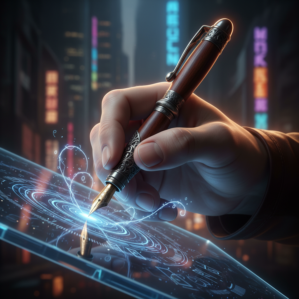 Mano humana sosteniendo una pluma estilográfica de madera y metal sobre una superficie digital táctil con interfaces luminosas y patrones circulares.