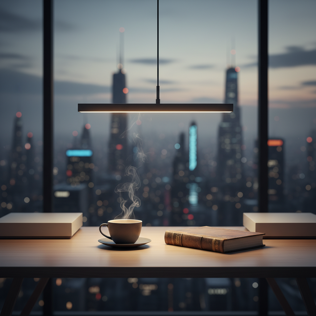 Taza de café humeante y libro antiguo sobre un escritorio de madera frente a un ventanal con vistas a una ciudad iluminada de noche.