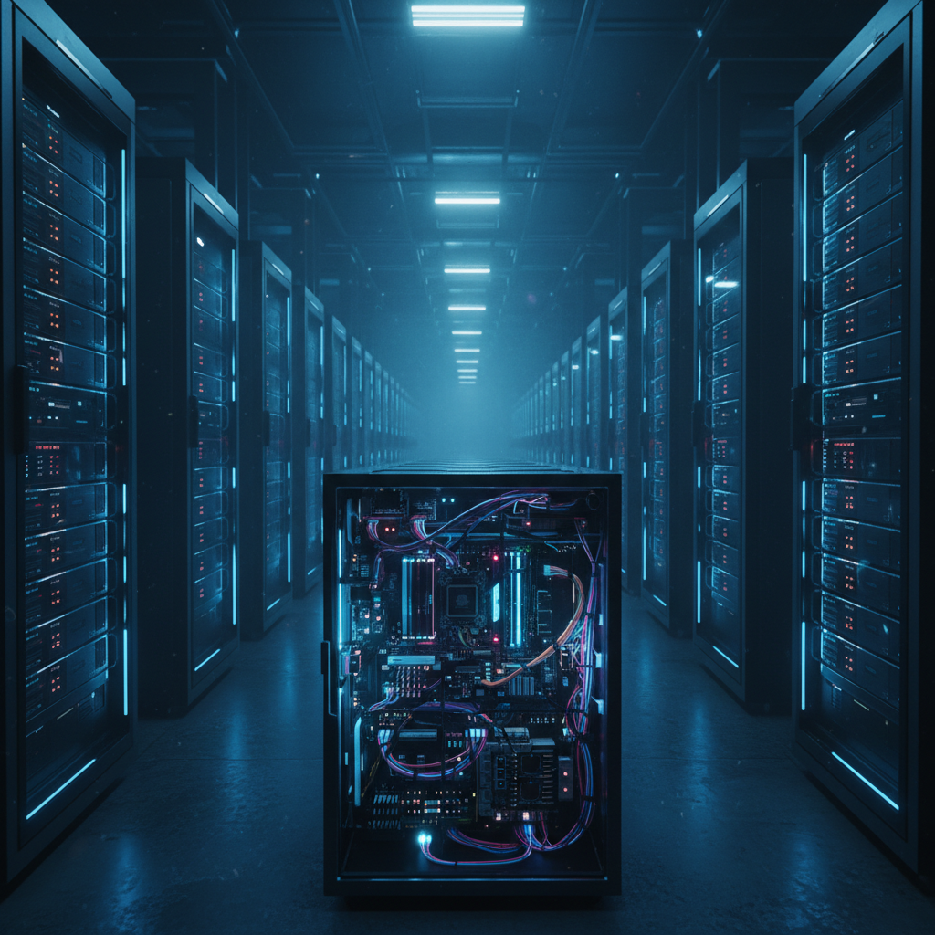 Pasillo de un centro de datos con servidores en rack y una unidad central de procesamiento expuesta con componentes electrónicos iluminados.