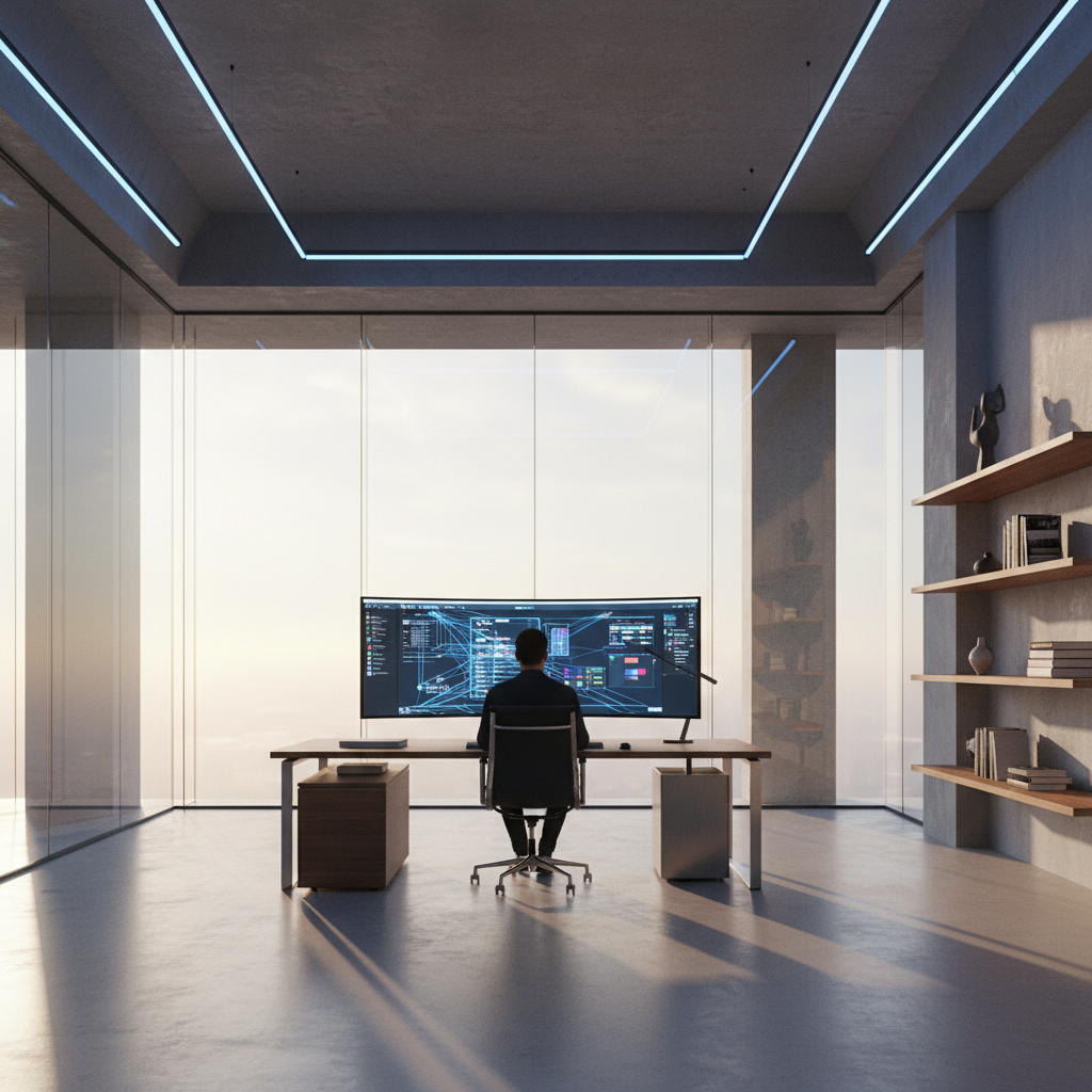 Una persona sentada frente a un monitor curvo de gran tamaño trabajando en una oficina moderna con ventanales y estanterías.