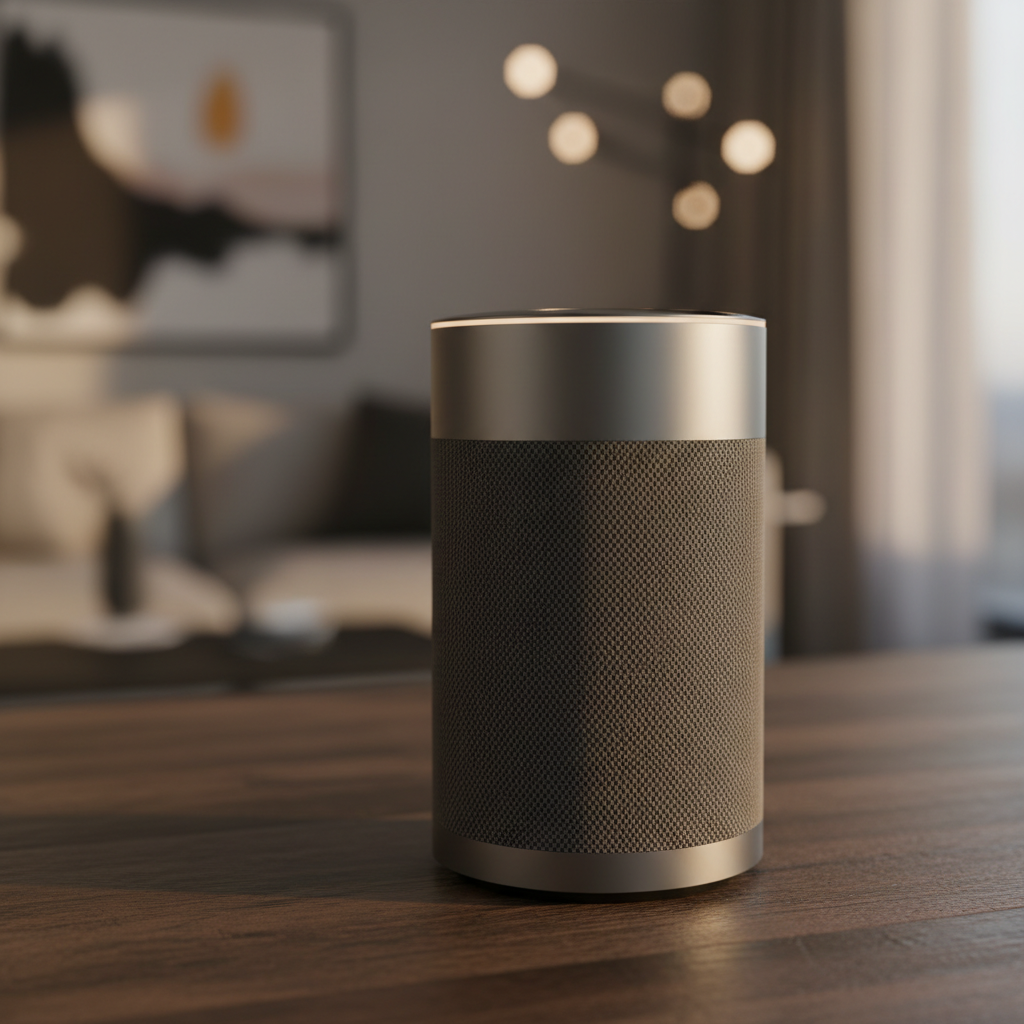Altavoz inteligente cilíndrico con malla de tela marrón y detalles metálicos sobre una mesa de madera.