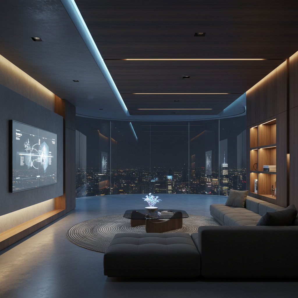 Sala de estar moderna de lujo con ventanales de piso a techo, vistas a la ciudad de noche, sofá gris y pantalla interactiva.