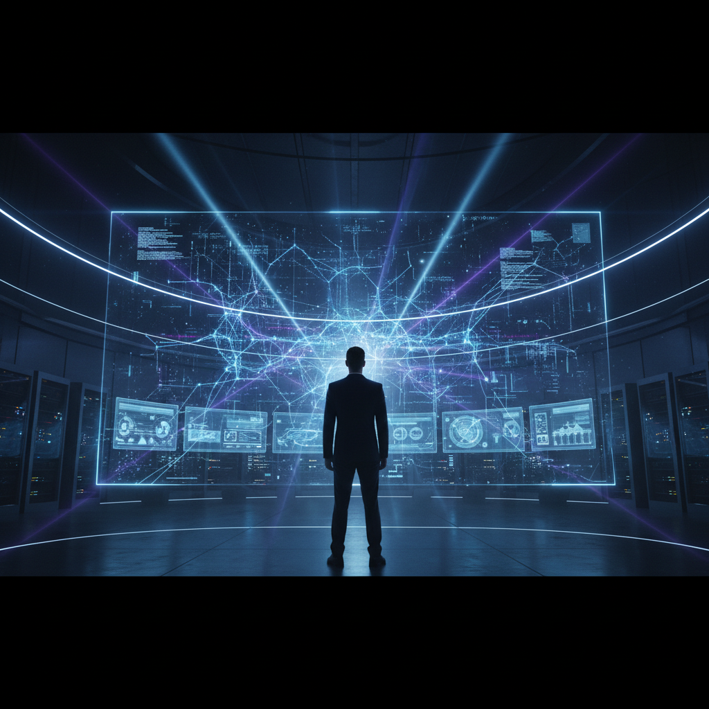 Un hombre de negocios observa una red compleja de datos digitales proyectada en una pantalla gigante dentro de una sala de servidores futurista.
