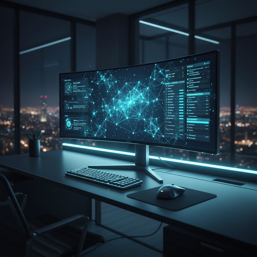 Monitor curvo ultra ancho con interfaz de visualización de datos de red en una oficina moderna frente a una vista urbana nocturna.