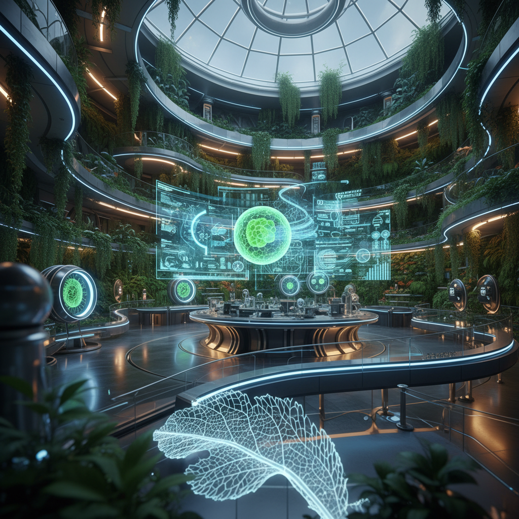 Laboratorio tecnológico futurista con cúpula de cristal rodeado de plantas y pantallas holográficas que muestran datos científicos.