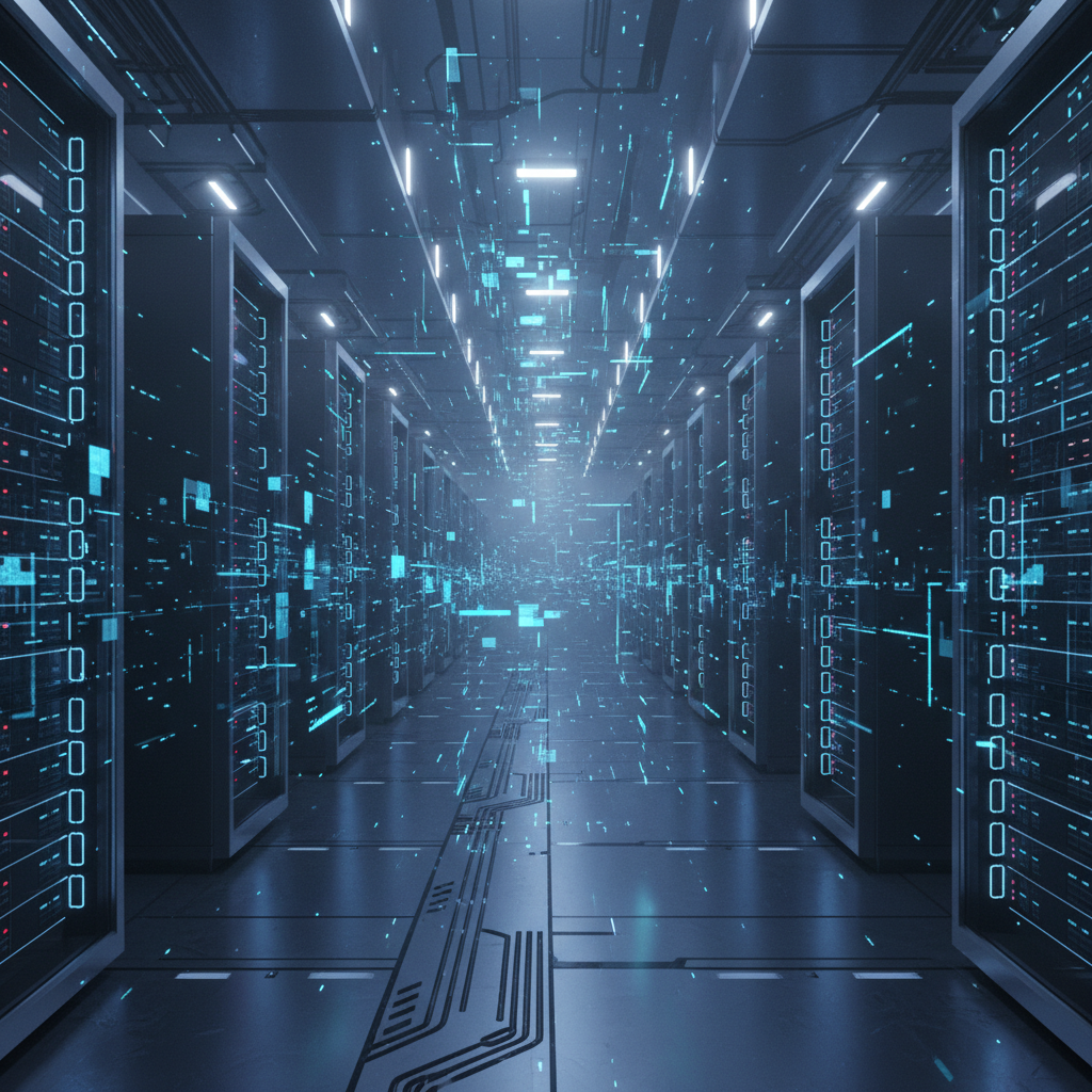 Pasillo de un centro de datos con servidores informáticos y representaciones visuales de flujos de datos digitales.