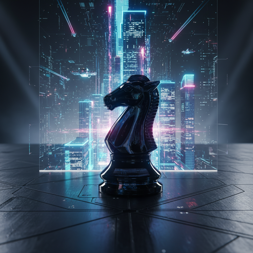 Pieza de ajedrez de caballo negro colocada frente a un panel holográfico con un paisaje urbano futurista y luces de neón.