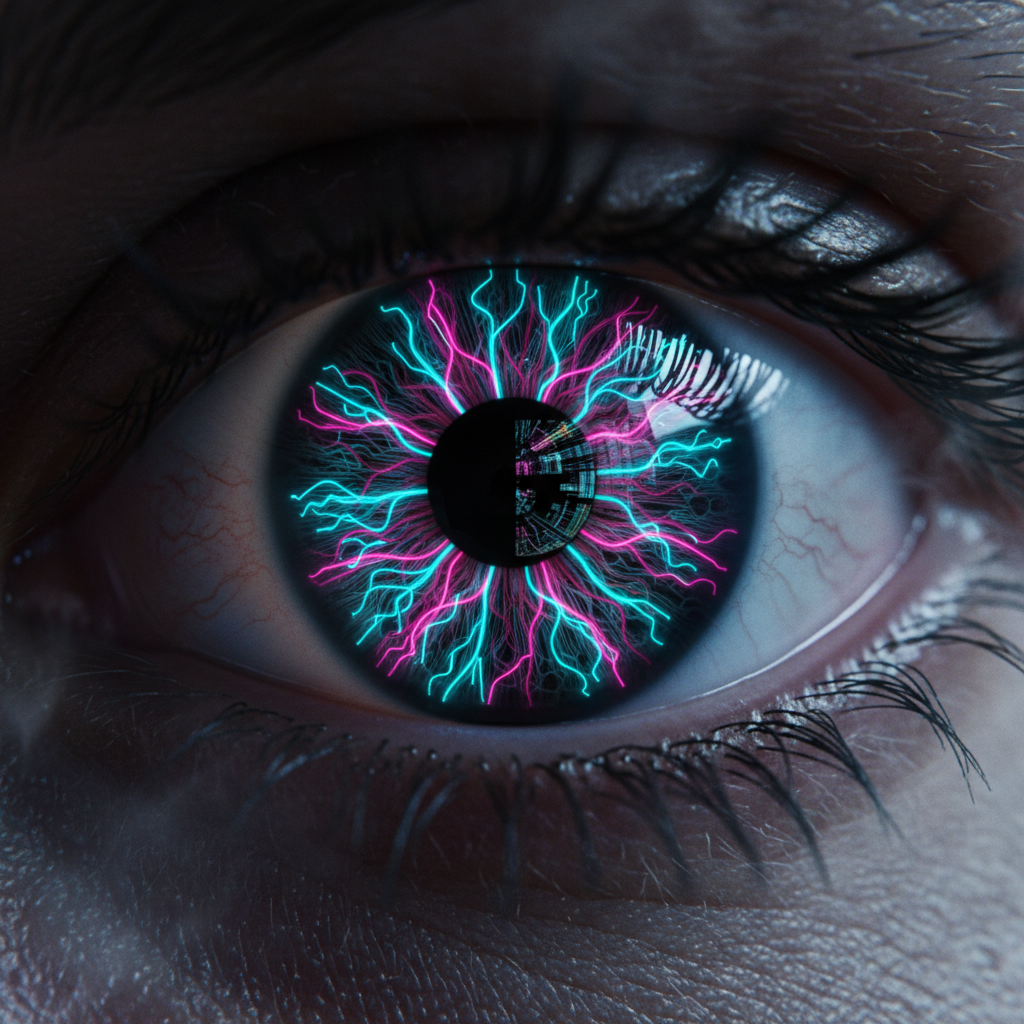 Primer plano de un ojo humano con un iris digital que presenta patrones de energía luminosa en tonos cian y magenta.
