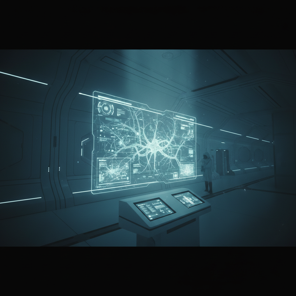 Pasillo de nave espacial futurista con una pantalla holográfica que muestra una red neuronal y una consola de mando.