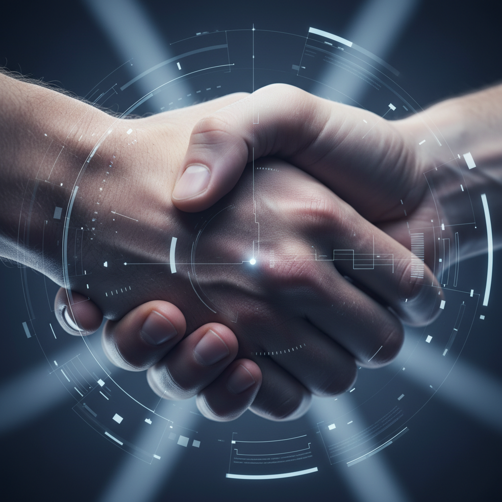 Un apretón de manos entre dos personas con gráficos digitales superpuestos tipo interfaz tecnológica.