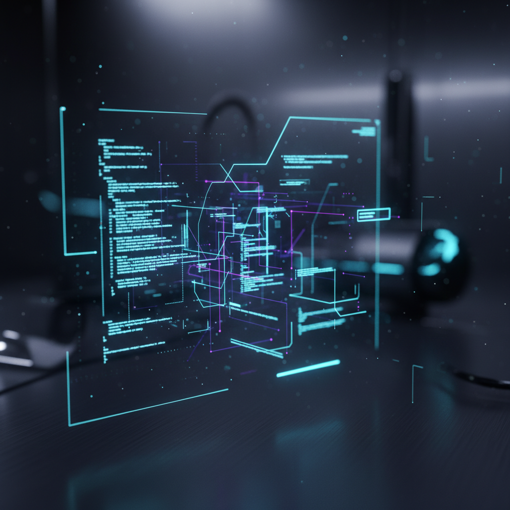 Interfaz holográfica futurista con líneas de código y nodos de conexión sobre una superficie oscura.