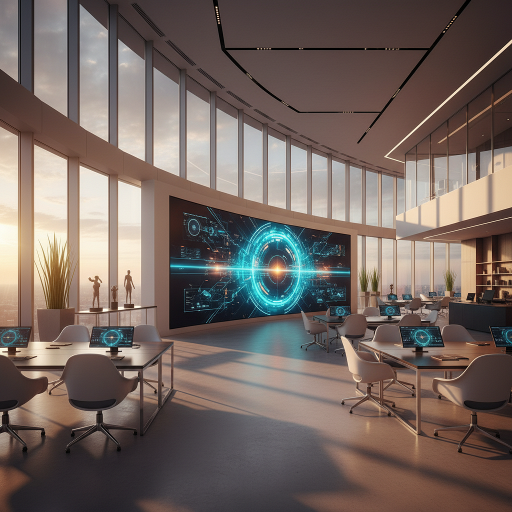 Sala de juntas moderna con ventanales panorámicos y una pantalla gigante con gráficos digitales de alta tecnología.