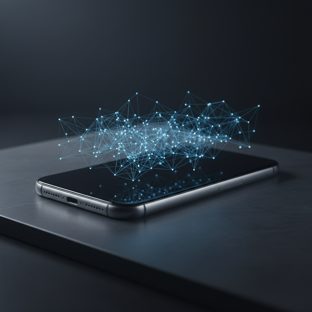 Smartphone sobre superficie oscura con una red de conexiones digitales flotando sobre su pantalla.