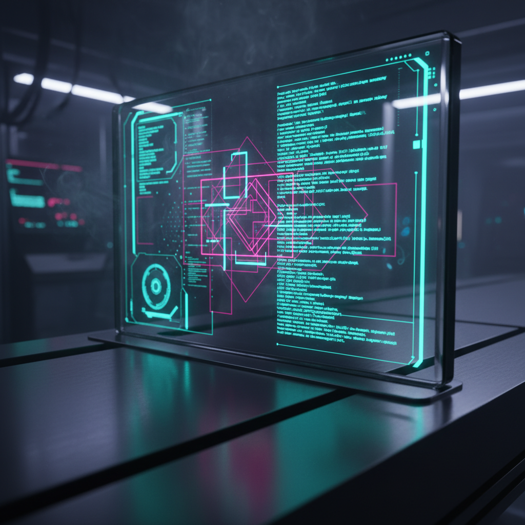 Pantalla de cristal transparente con datos, código y gráficos digitales en un laboratorio oscuro.