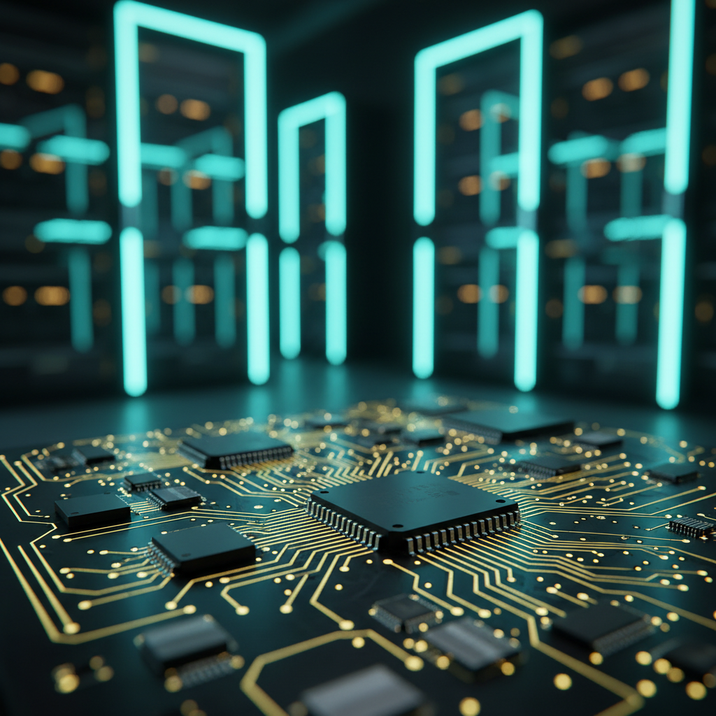 Placa de circuito integrado con microprocesador central y pistas doradas sobre un fondo de servidores de datos con luces de neón azules.