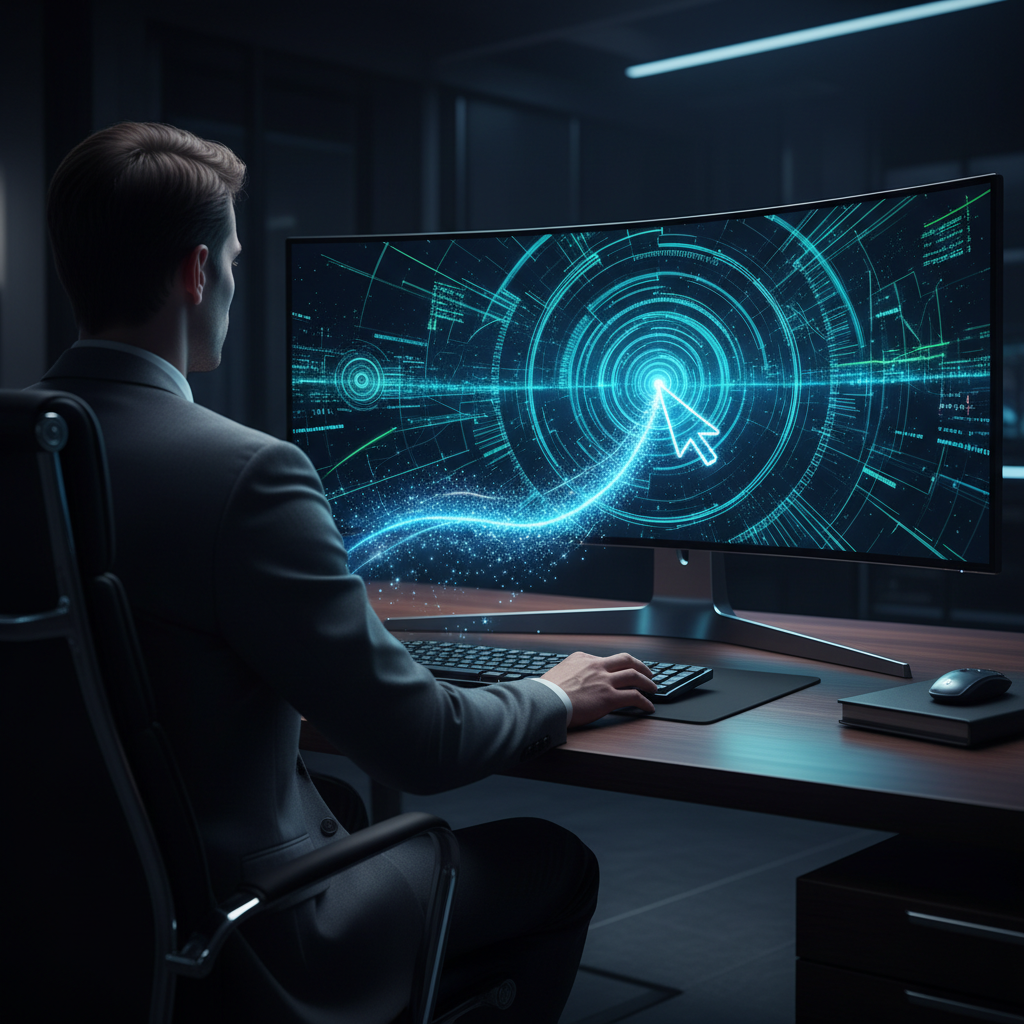 Profesional en oficina frente a un monitor curvo que muestra una interfaz gráfica de datos digital con un cursor brillante central.