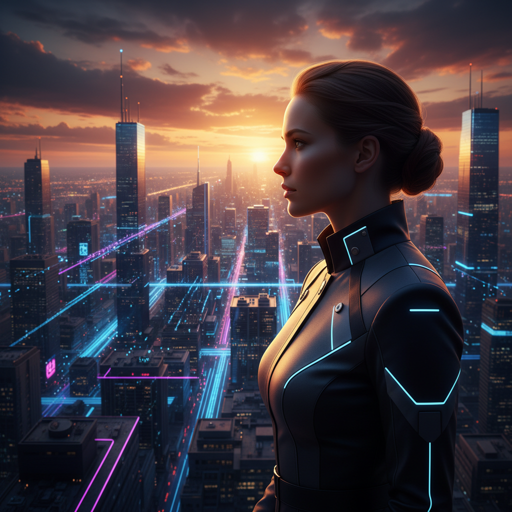 Mujer con traje futurista observando una metrópolis de ciencia ficción al atardecer.