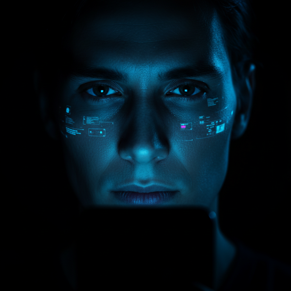 Primer plano de un joven iluminado con luz azul y proyecciones digitales sobre el rostro.