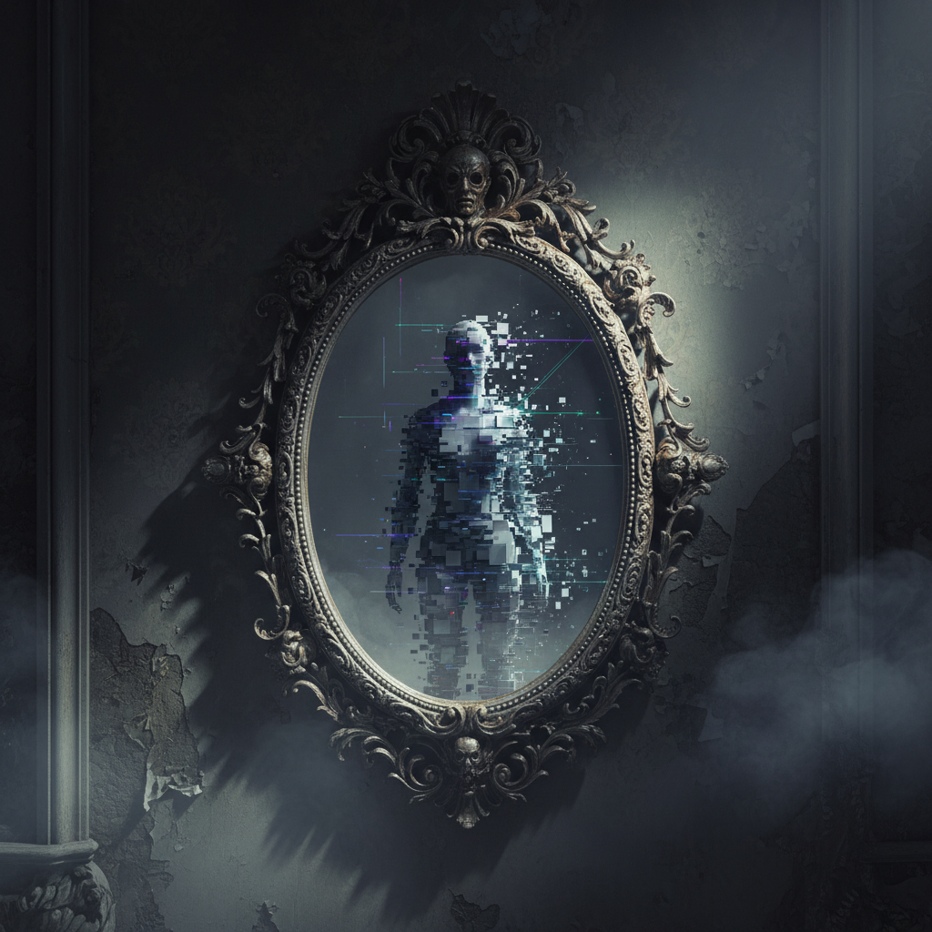 Espejo antiguo con marco ornamentado que refleja una figura humana digital en proceso de desintegración con efectos de glitch.