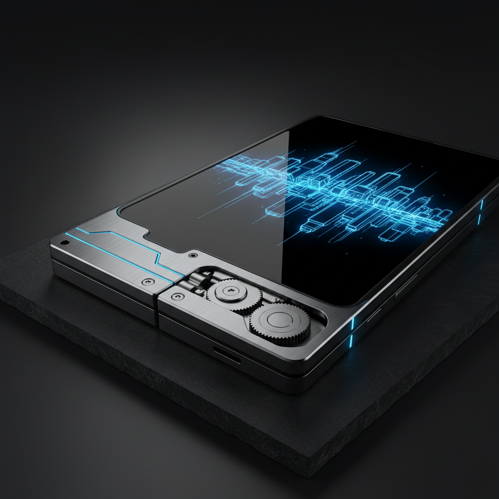 Smartphone con diseño industrial metálico y engranajes mecánicos expuestos mostrando una interfaz gráfica digital sobre fondo negro.