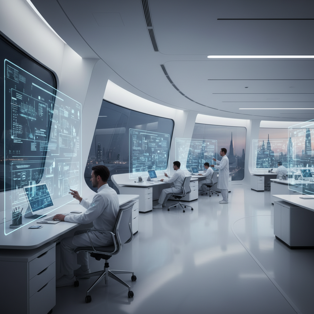 Equipo de científicos trabajando en un laboratorio futurista con pantallas holográficas y vistas a una ciudad tecnológica.