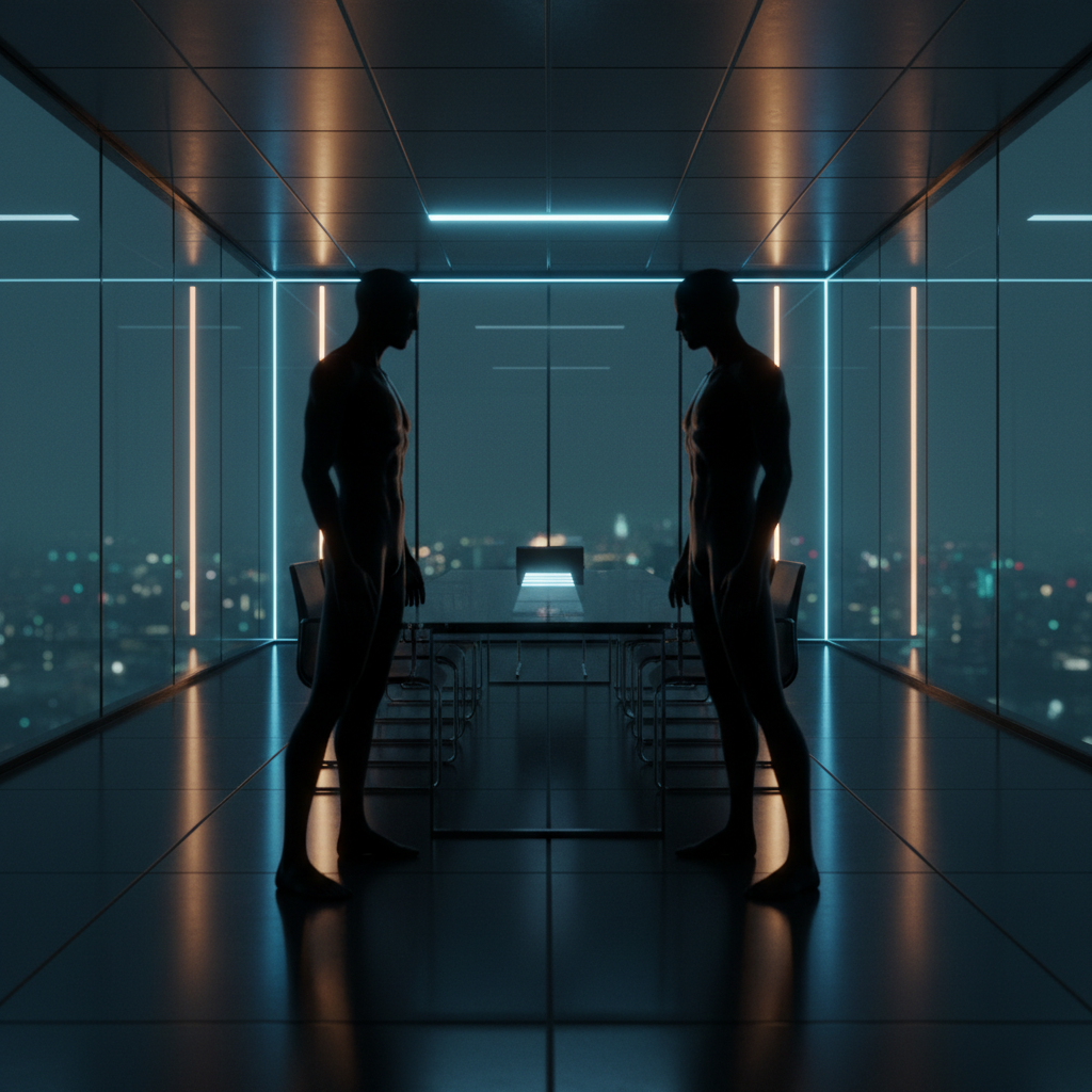 Siluetas de dos figuras humanas enfrentadas en una sala de reuniones moderna con vistas a una ciudad iluminada de noche.