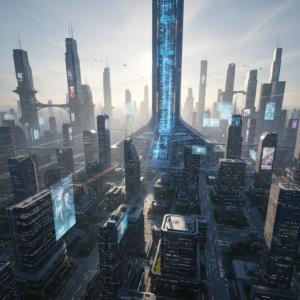 Paisaje urbano futurista con rascacielos imponentes, una estructura central iluminada con circuitos de luz azul y pantallas holográficas flotantes sobre calles modernas.,