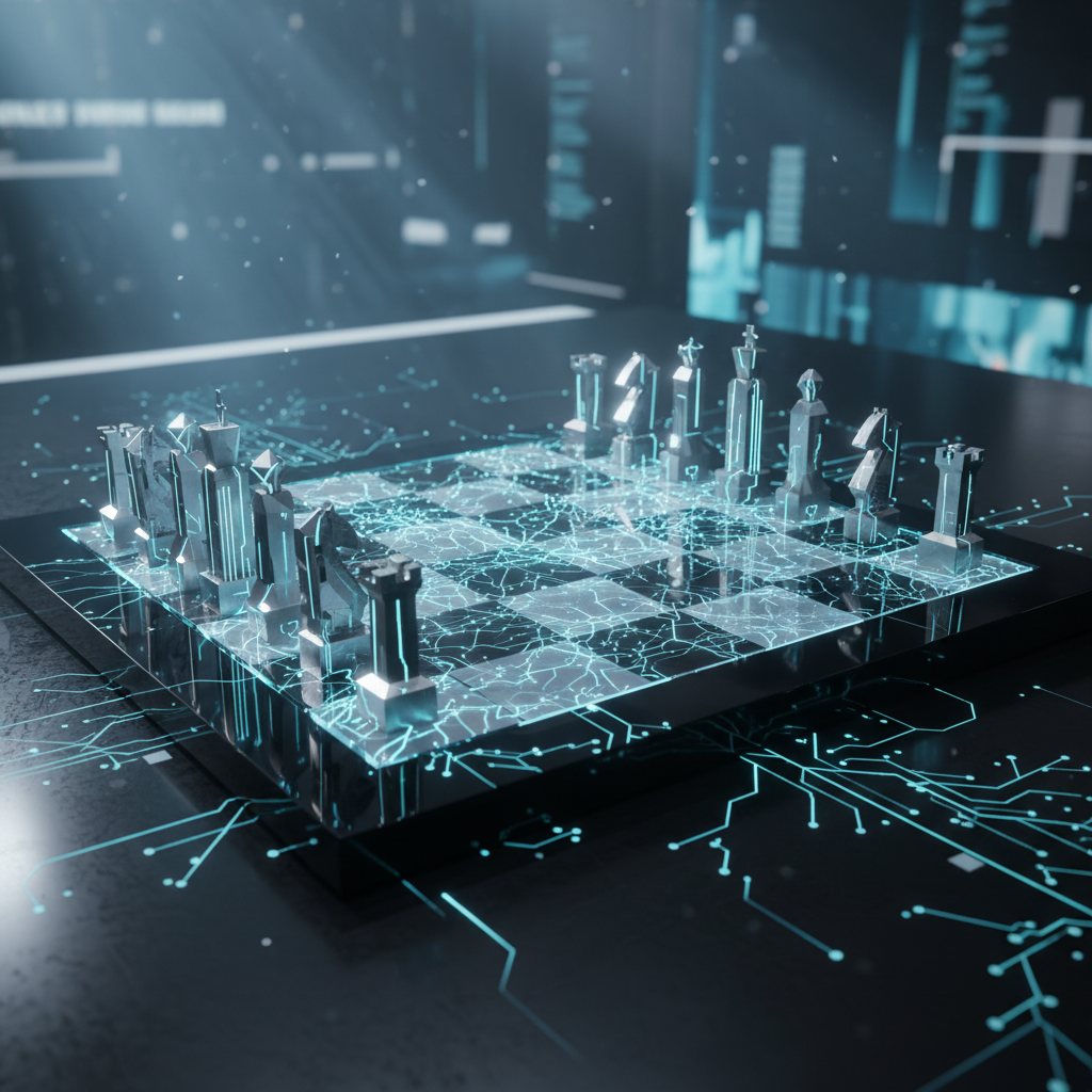 Tablero de ajedrez futurista con piezas metálicas y circuitos brillantes conectados en una superficie digital.