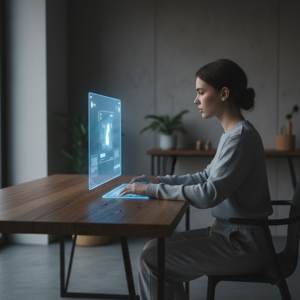 Mujer sentada ante una mesa de madera usando una interfaz holográfica futurista proyectada en el aire.