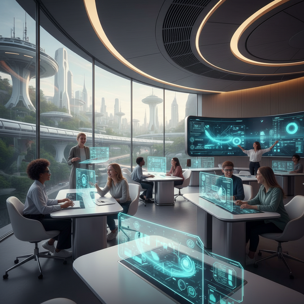 Grupo de profesionales trabajando en oficinas futuristas con tecnología de pantallas holográficas y vista panorámica a una ciudad avanzada.
