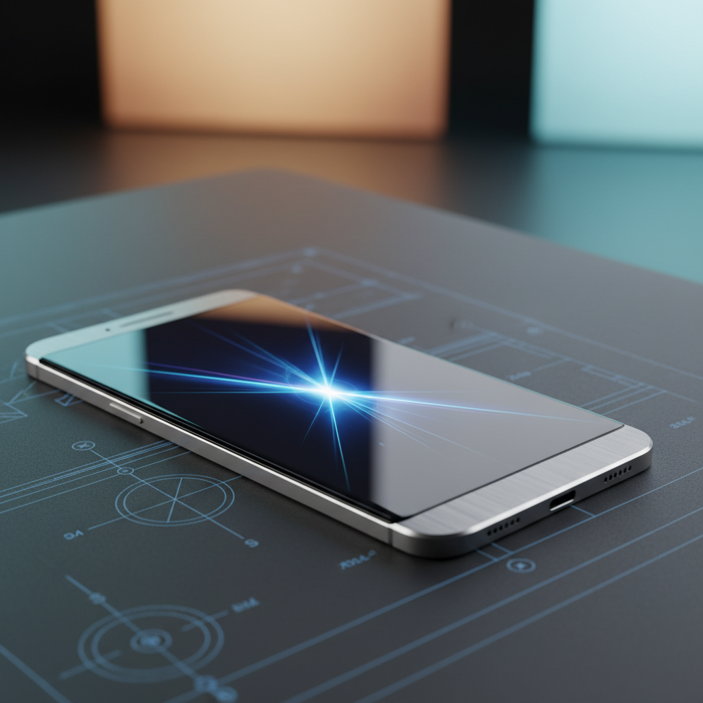 Smartphone de diseño metálico con pantalla brillante posicionado sobre unos planos técnicos.