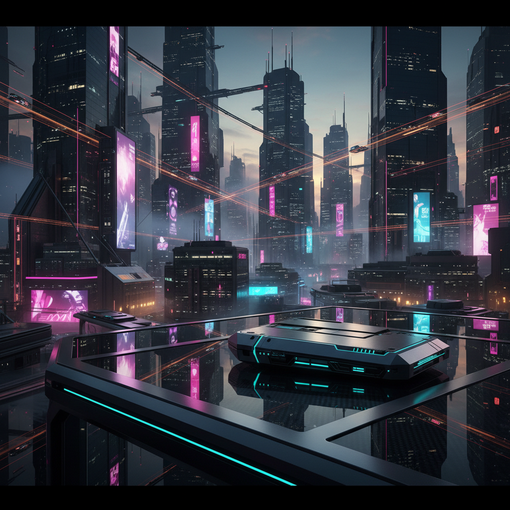 Dispositivo tecnológico futurista sobre una plataforma reflectante con una metrópolis ciberpunk de fondo al atardecer.
