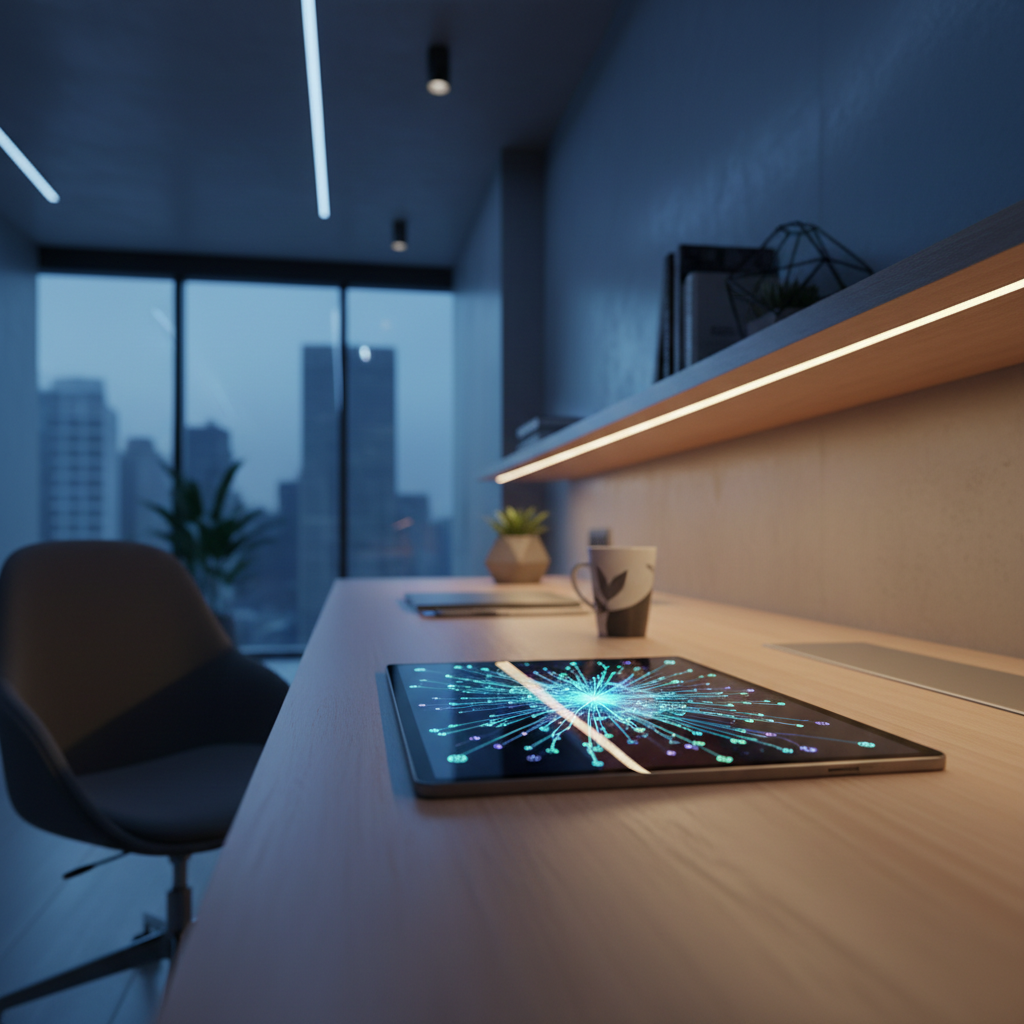 Tableta con gráfico digital en una mesa de oficina frente a un ventanal con vistas a la ciudad al atardecer.
