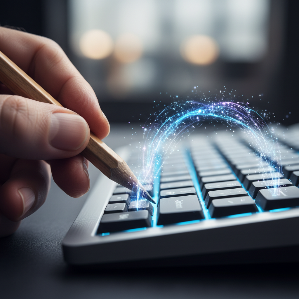 Mano sosteniendo un lápiz de madera sobre un teclado iluminado con destellos de energía digital.