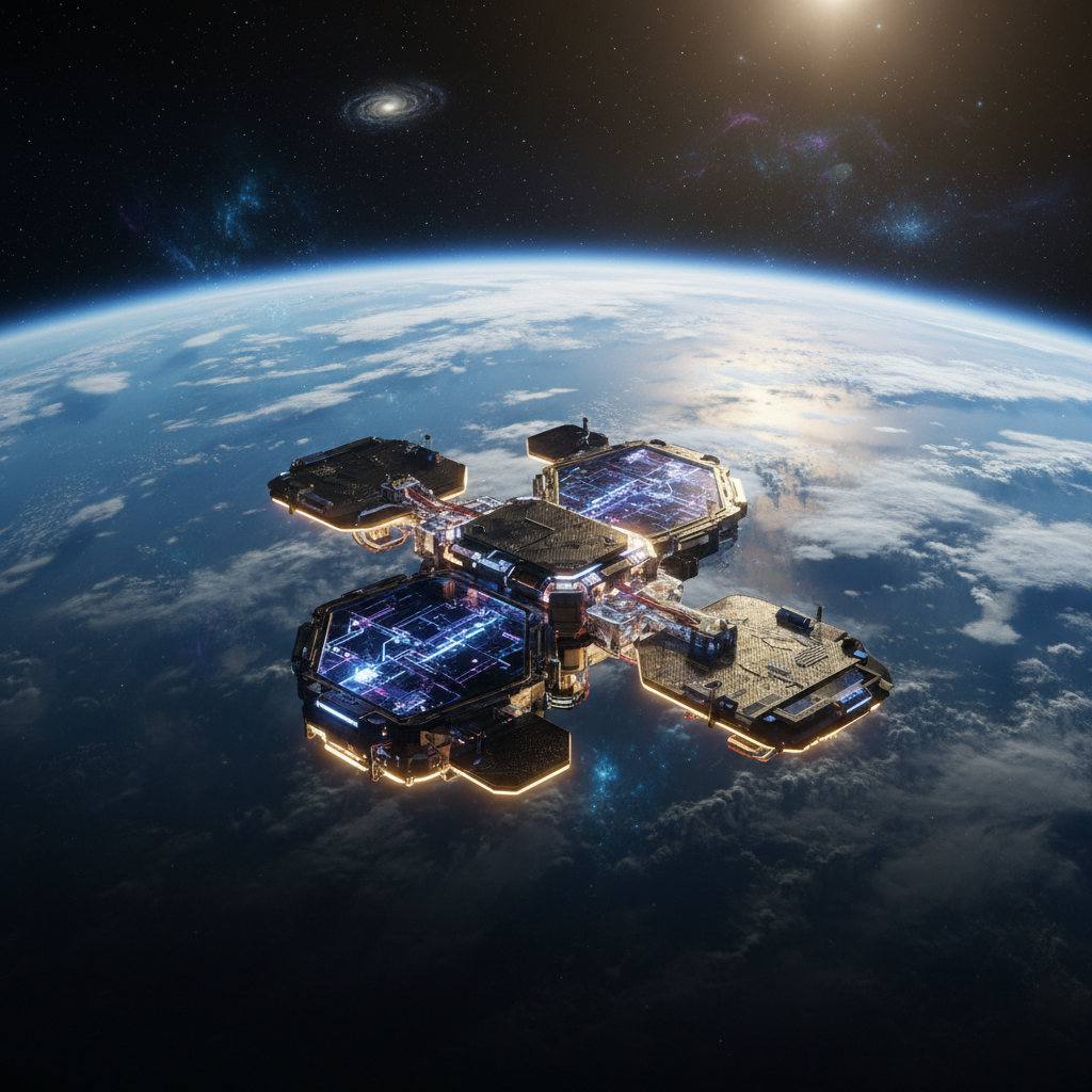 Una estación espacial futurista con paneles luminosos orbitando sobre la Tierra en el espacio.
