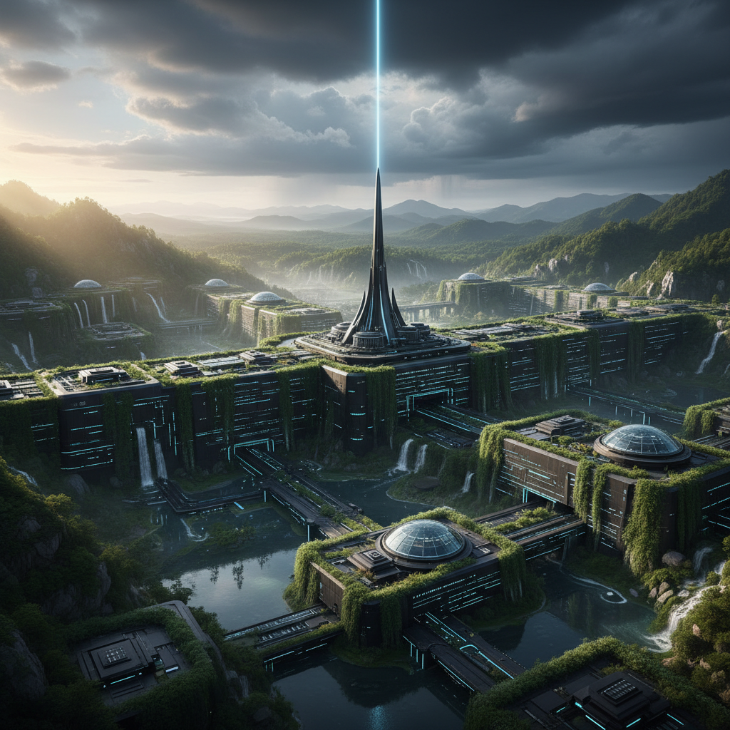 Ciudad futurista integrada en un entorno natural con montañas, vegetación, cascadas y un edificio central con un haz de luz ascendente.