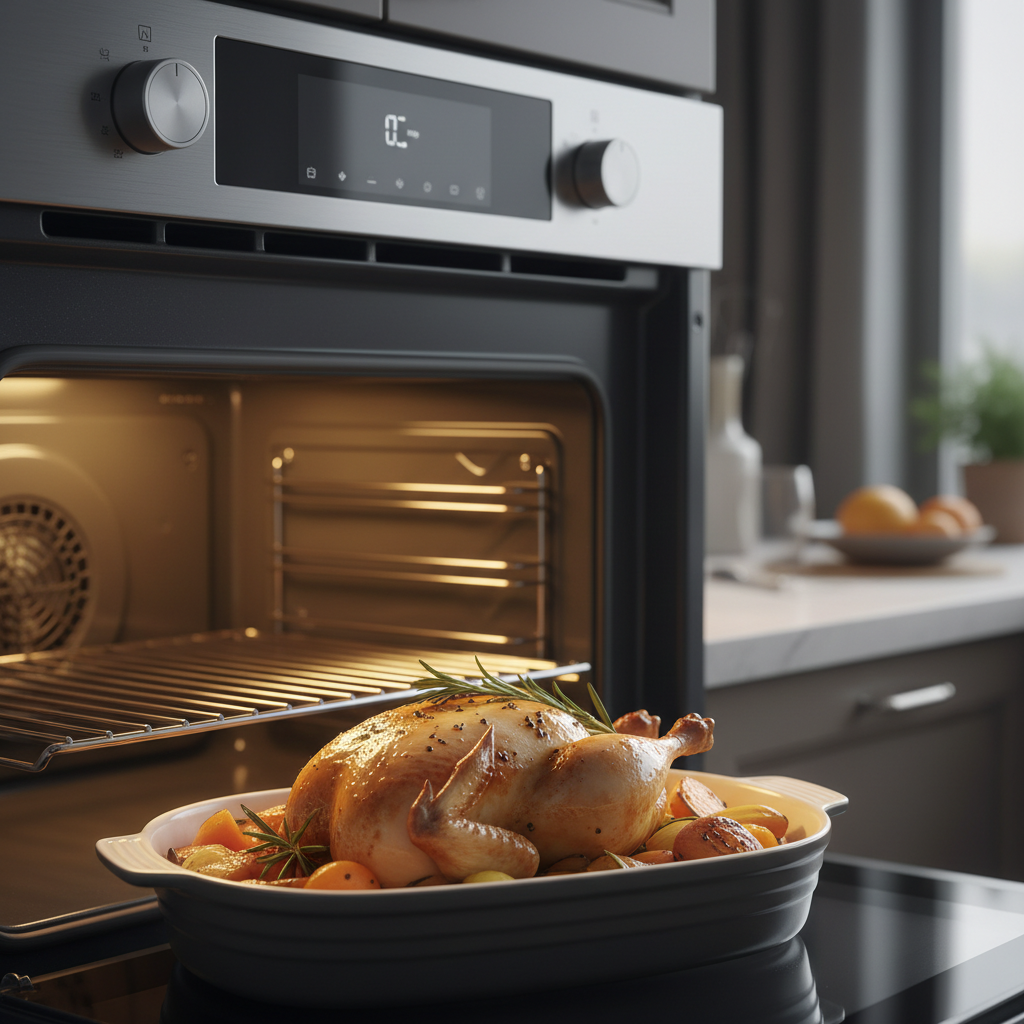 Pollo asado con verduras en una fuente de cerámica dentro de un horno moderno.