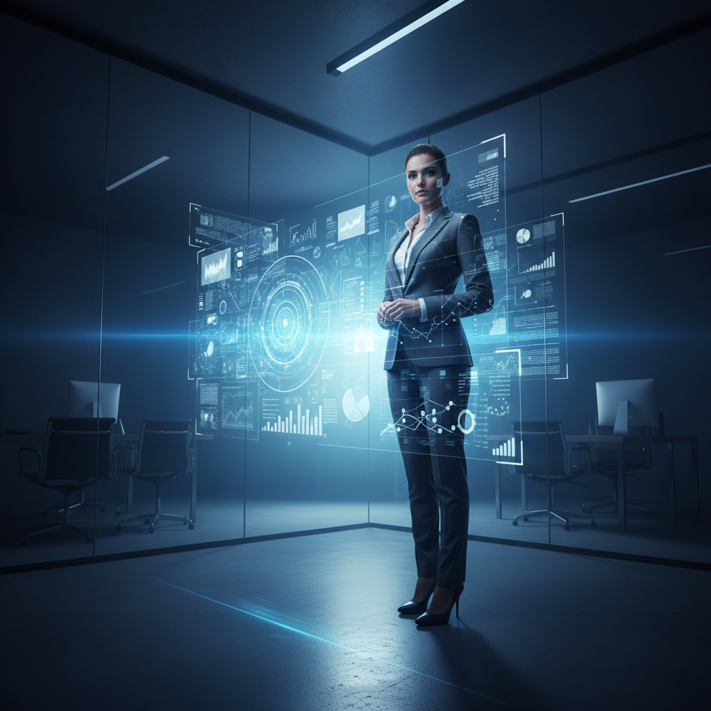 Ejecutiva de negocios interactuando con una interfaz holográfica de datos financieros y análisis de mercado en una oficina moderna.