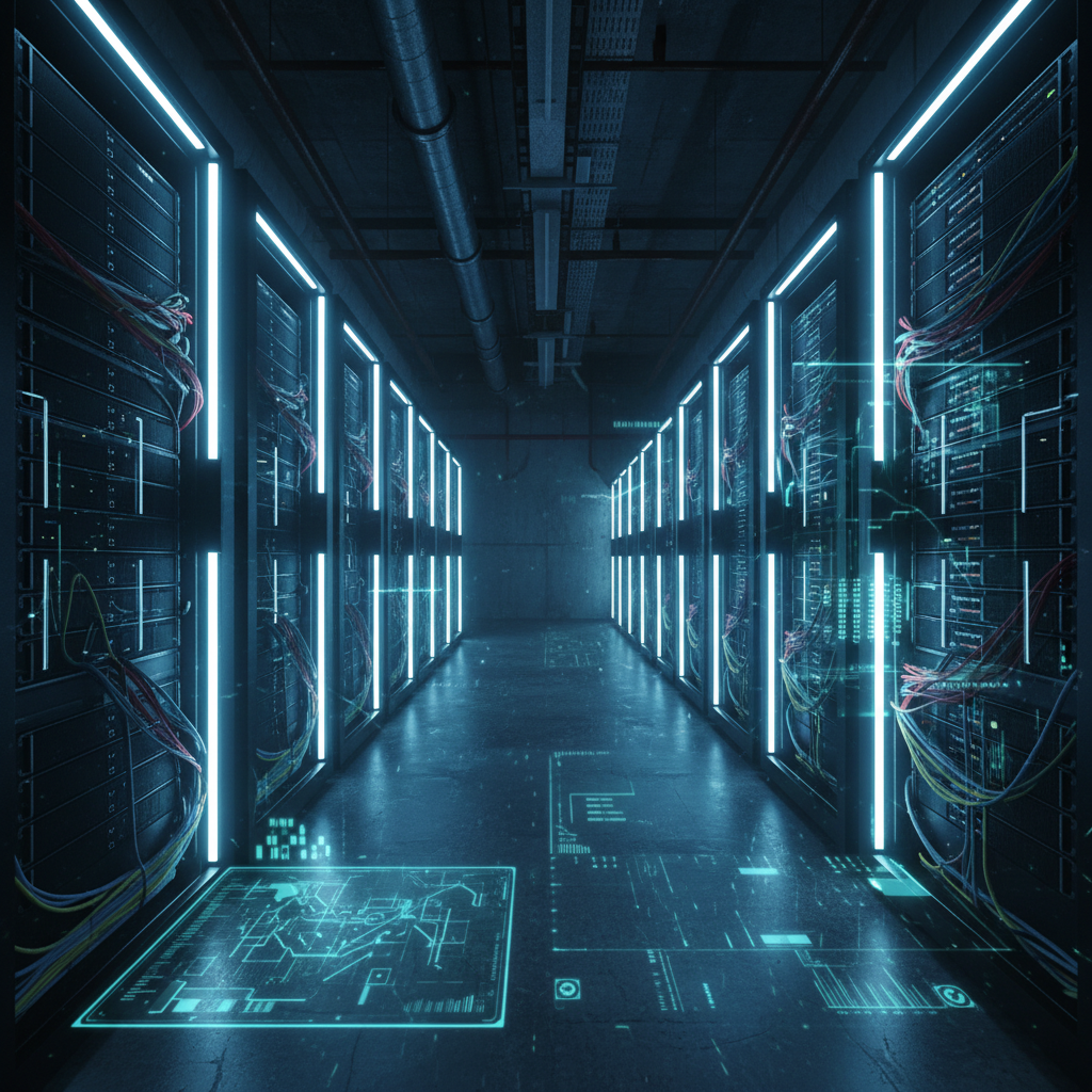 Pasillo de un centro de datos con filas de racks de servidores iluminados por luces de neón y proyecciones digitales sobre el suelo.