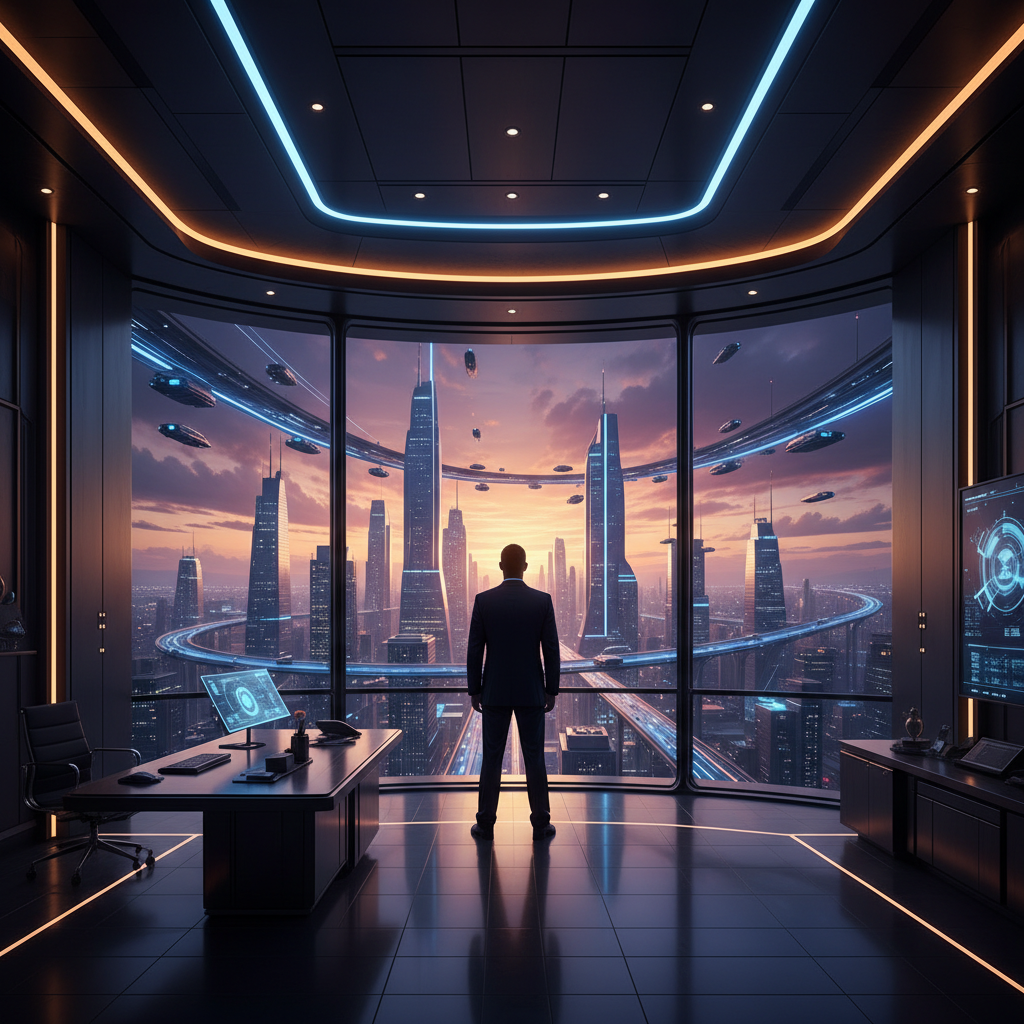 Hombre de negocios de pie en una oficina moderna frente a un ventanal con vistas a una metrópolis futurista al atardecer con vehículos voladores.