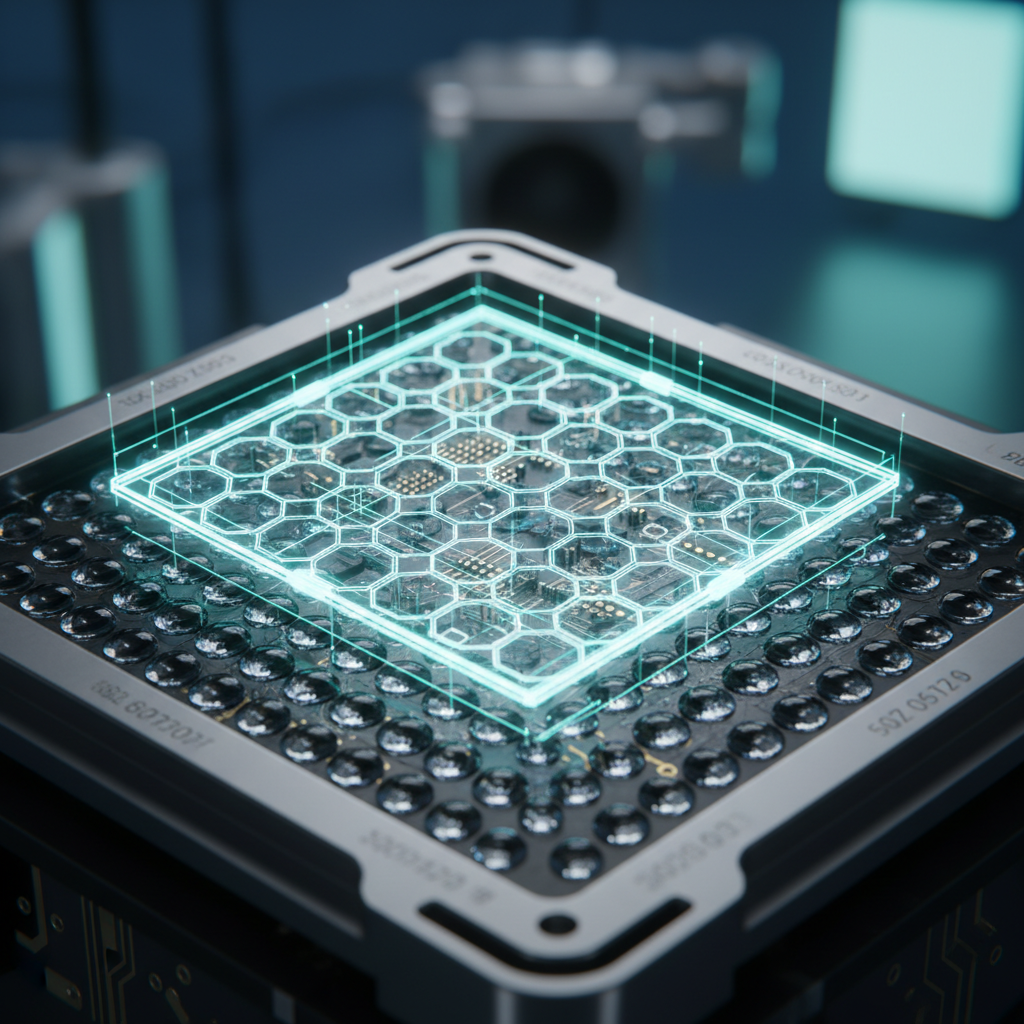 Procesador informático de alta tecnología con una rejilla hexagonal iluminada y contactos metálicos esféricos.