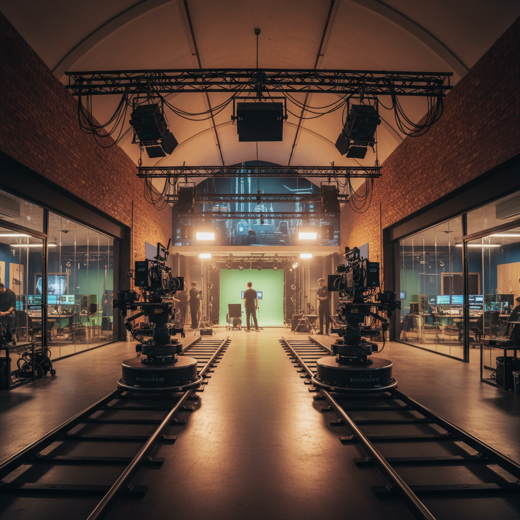 Estudio de grabación cinematográfico con cámaras de cine sobre vías de rodaje, pantallas verdes y equipo de iluminación en un edificio de ladrillo industrial.