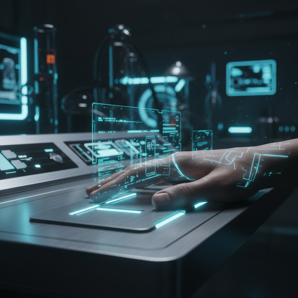 Mano humana interactuando con una interfaz holográfica sobre una consola de control tecnológica en un laboratorio futurista.